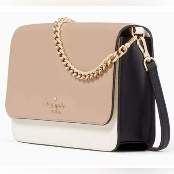 NWOT, Kate Spade Tan, Cream & Black Leather Crossbody Bag with Gold Chain - Picture 2 of 8